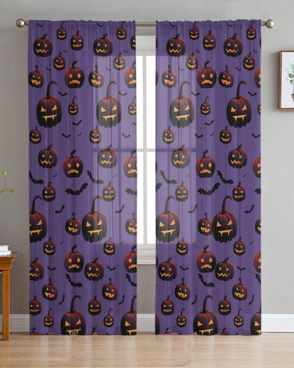 Halloween Pumpkin Bat Purple Transparent Tulle Curtain